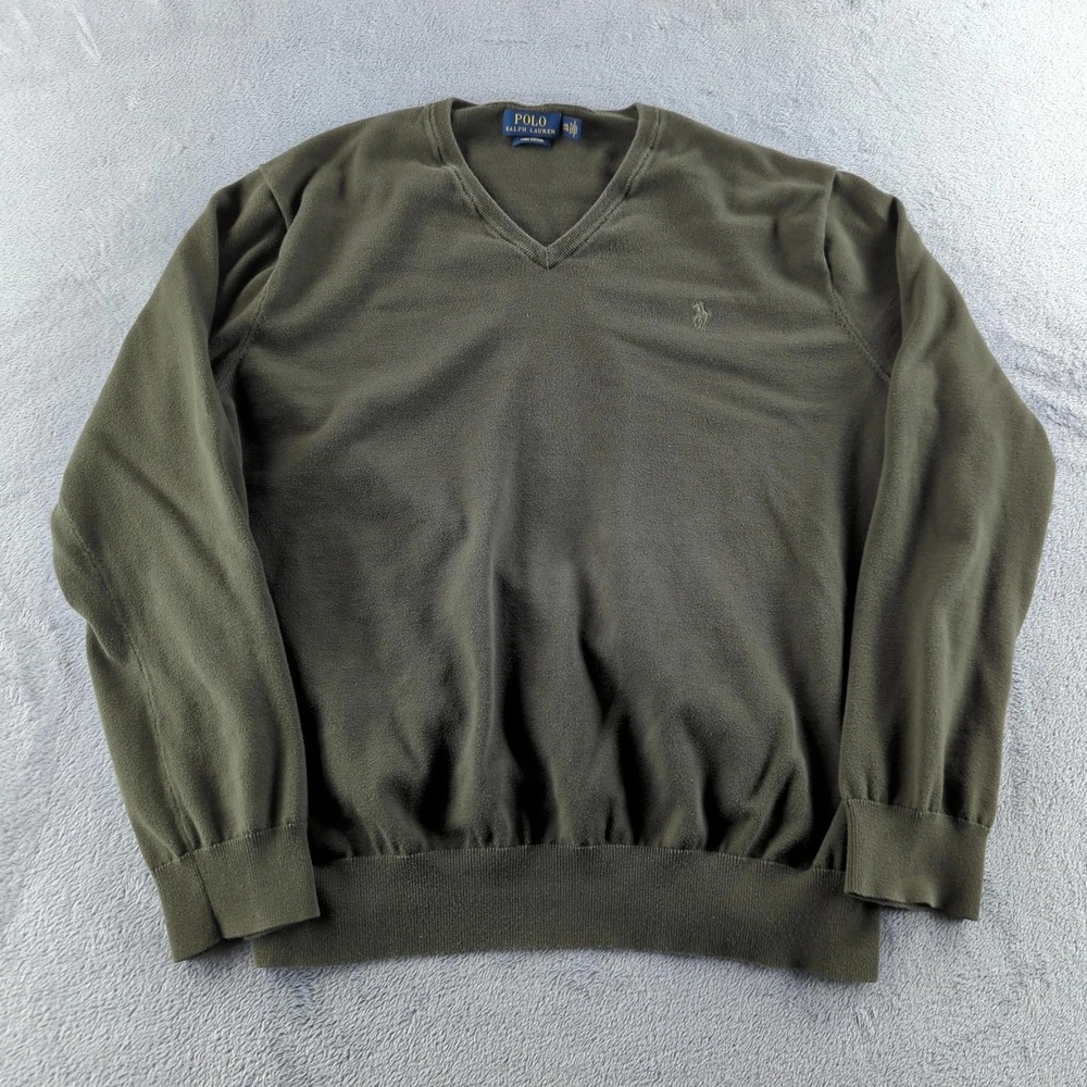 Polo Ralph Lauren Sweater Mens Large Green Pima Cotton V Neck Knit Pullover